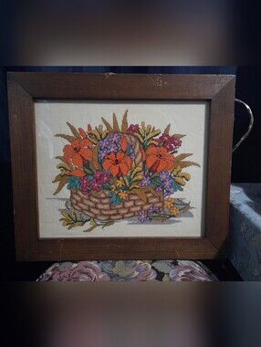 Vintage Framed Floral Cross Stitch, Handcrafted Basket of Flowers Needlework